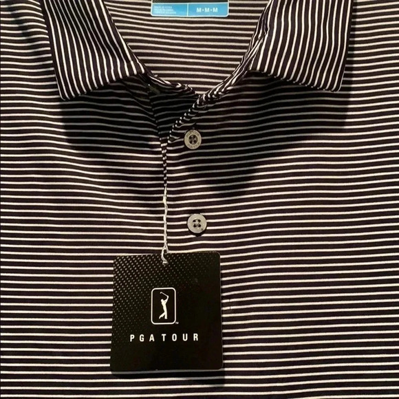 PGA Tour Golf Polo Striped Performance Shirt Navy Blue - Picture 4 of 10